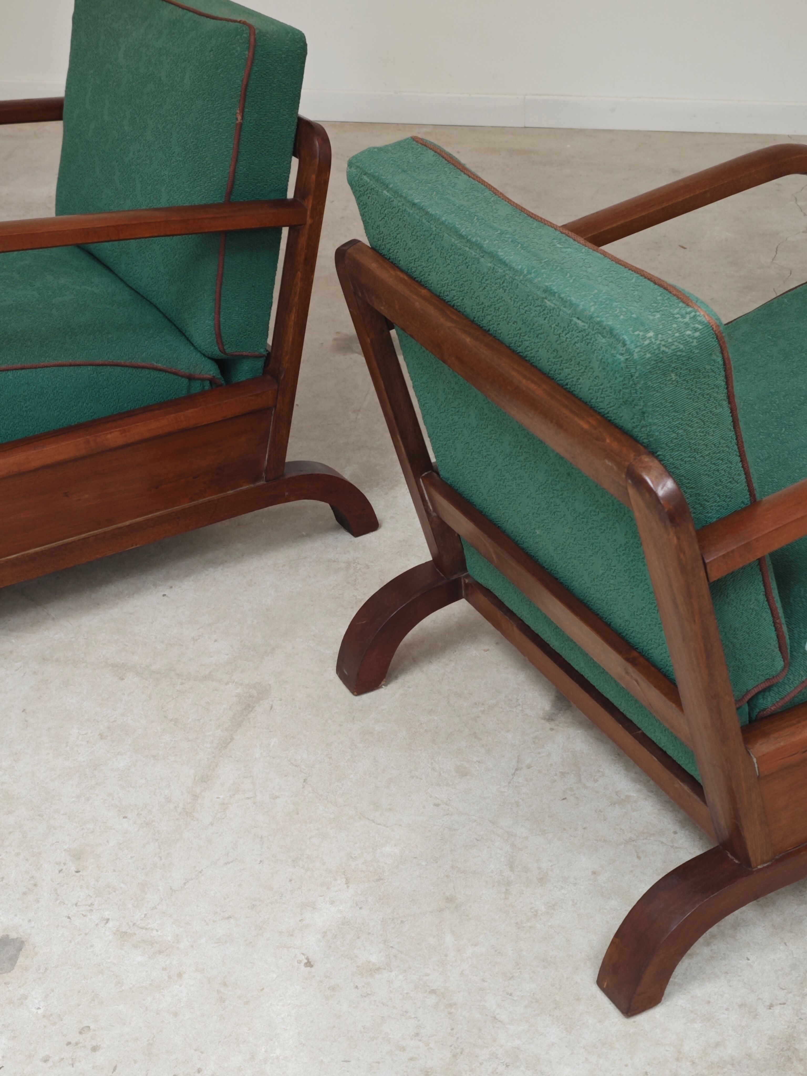 Paire de fauteuils Art déco vert par Jindrich Halabala, Prague 1930