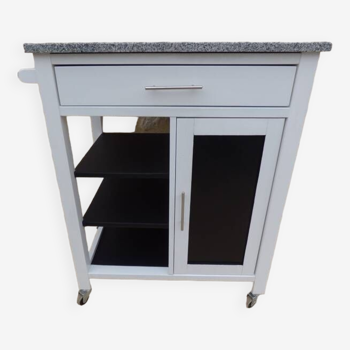 Kitchen Trolley - Storage unit on wheels with marble top and black imitation leather