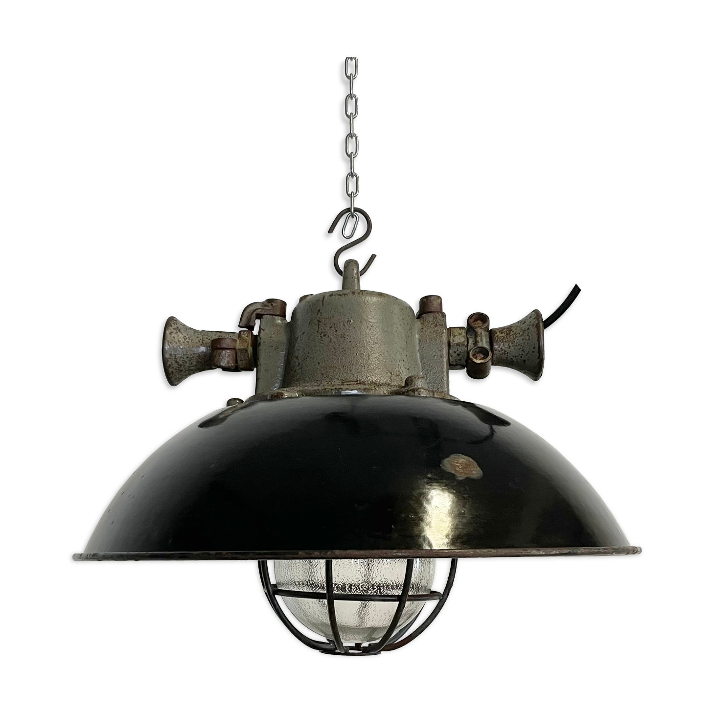 Black Enamel and Cast Iron Industrial Cage Pendant Light, 1950s