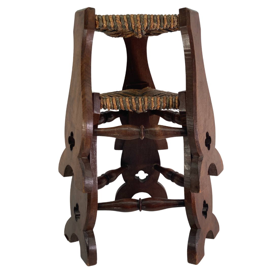 Pair of brutalist neo gothic rush oak tripod stools, France ca 1960s