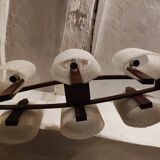 Scandinavian pendant light, in teak and perspex, 6 lights