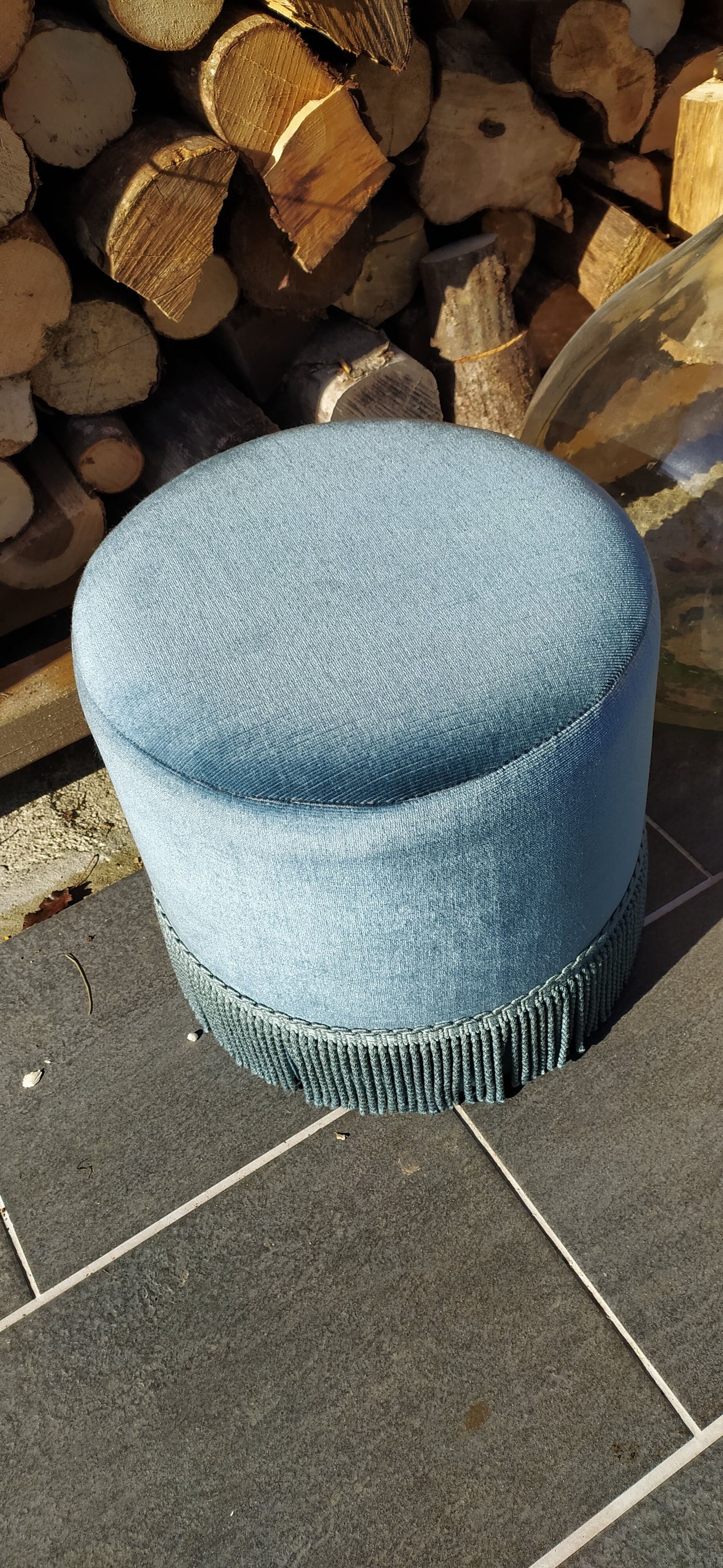Vintage blue velvet pouf
