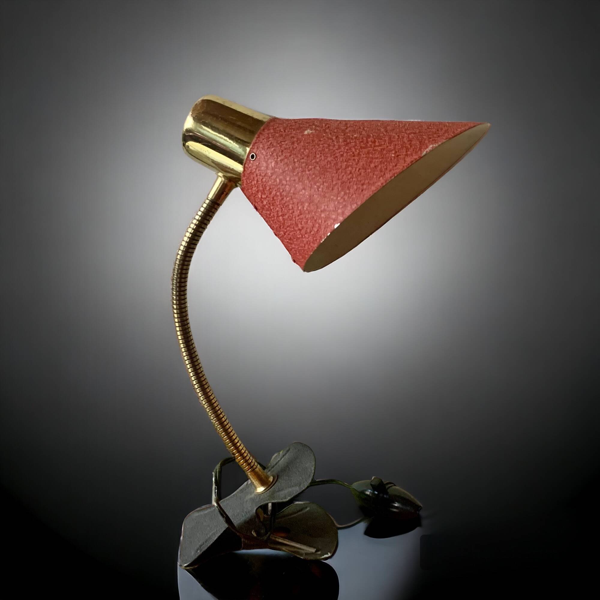 Brass and red painted metal clamp desk lamp - 1950s