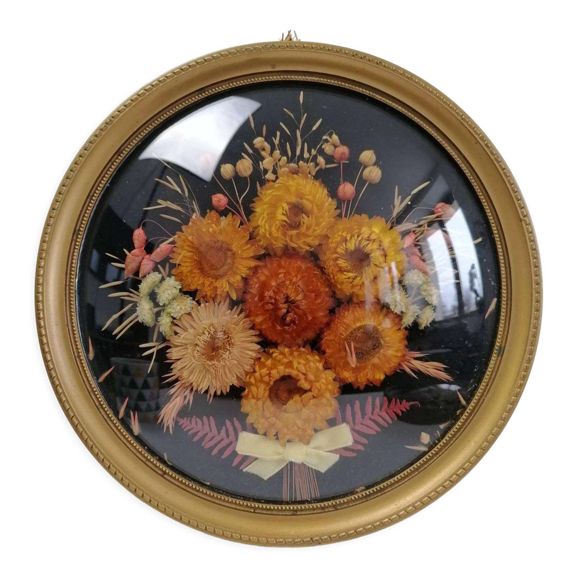 Dried flowers under curved glass frame