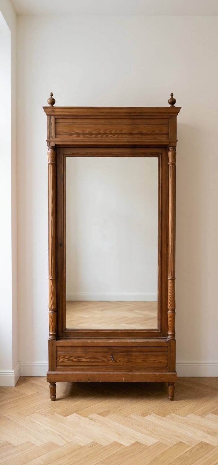 Antique solid wood wardrobe with mirror