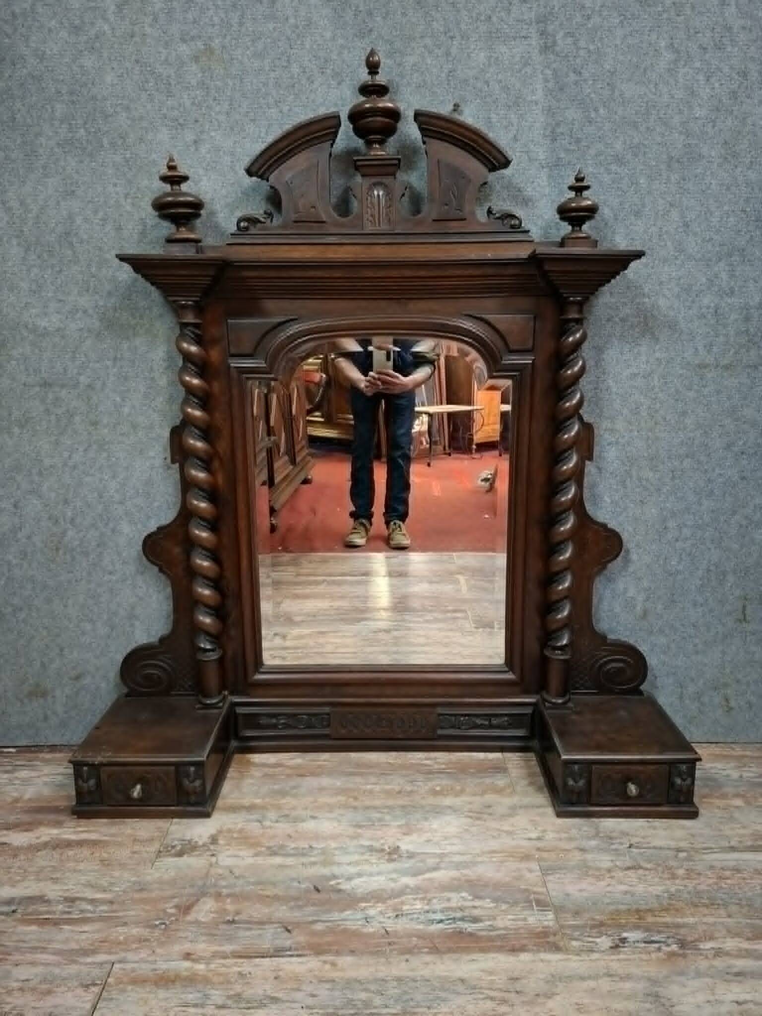 Large Buffet Mirror or Psyche in Henri II Style, Carved Walnut, Late 19th Century