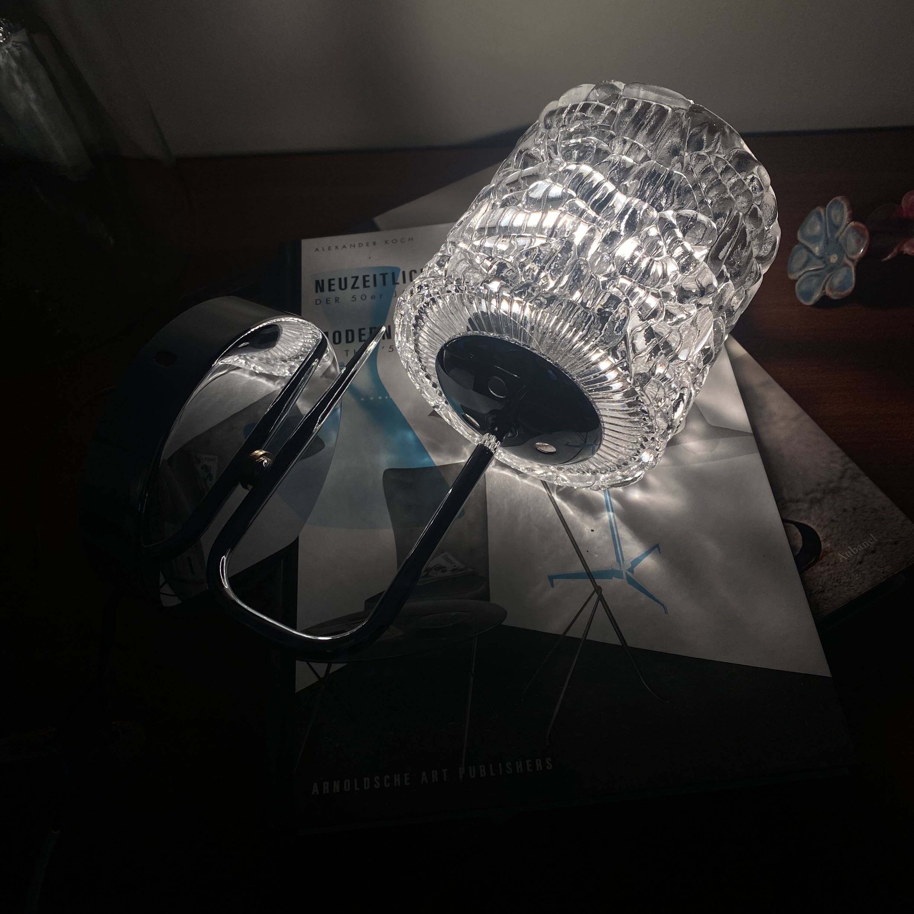 Swan neck wall light in stainless steel, thick glass shade, stainless steel rose.