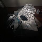 Swan neck wall light in stainless steel, thick glass shade, stainless steel rose.