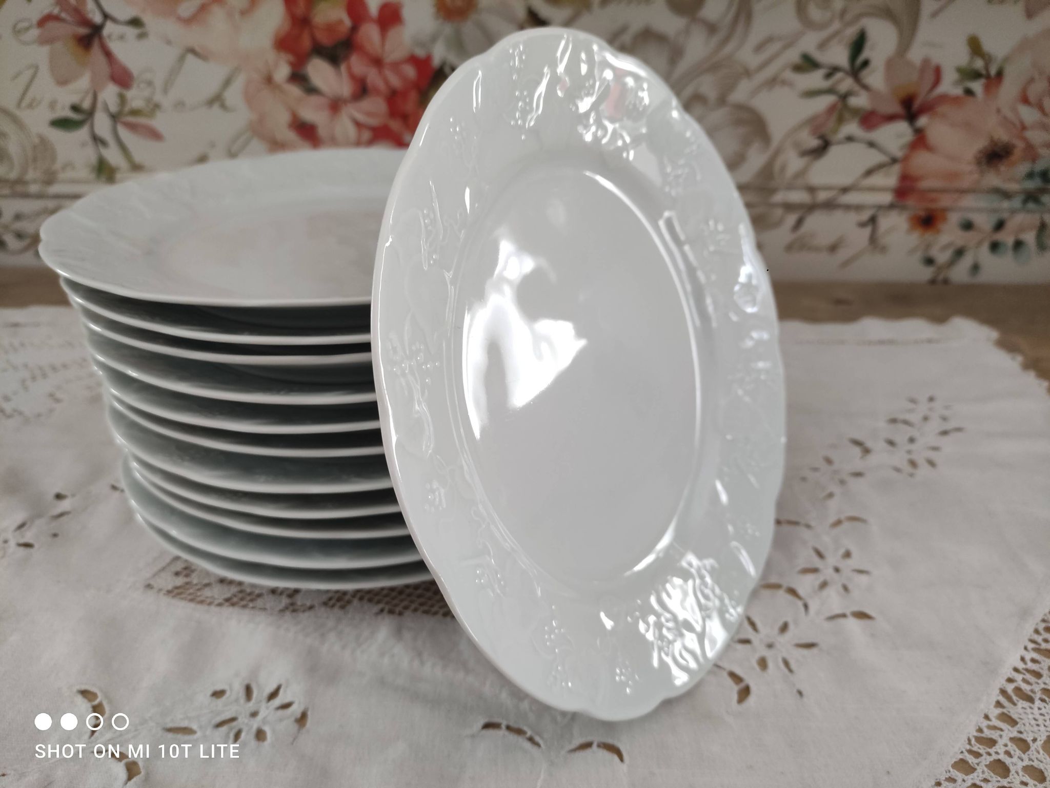 Set of 12 dessert plates in white porcelain marli in relief Wild Ivy