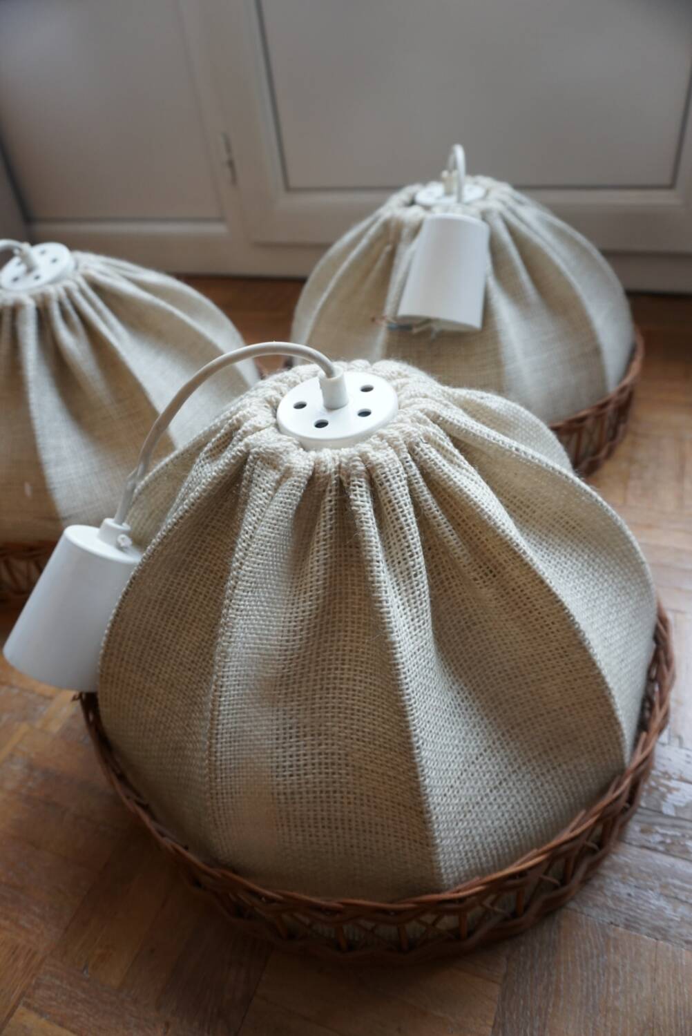 3 70s pendant lights - fabric and rattan