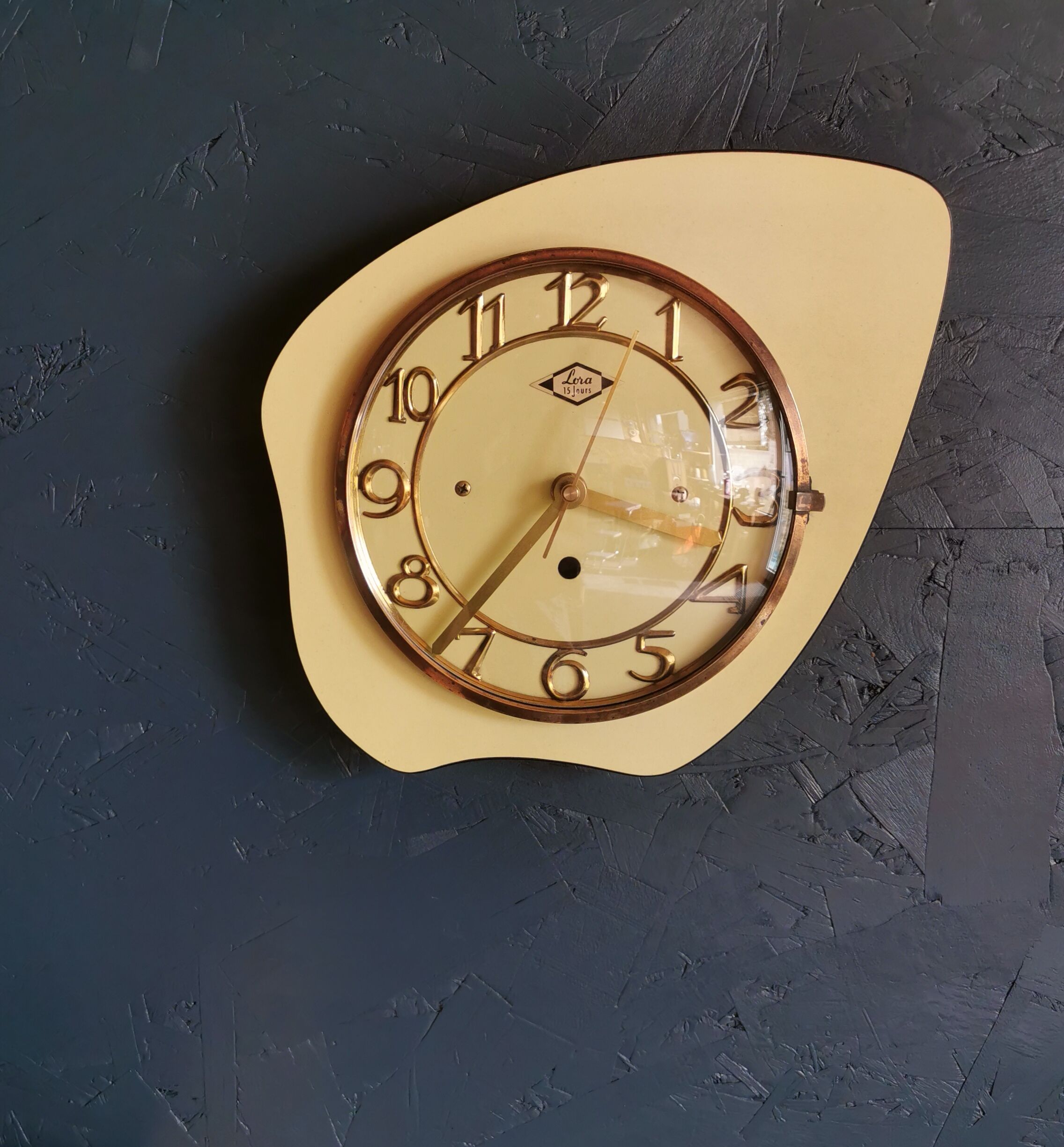 Vintage Formica clock silent asymmetrical wall pendulum "Yellow Lora"