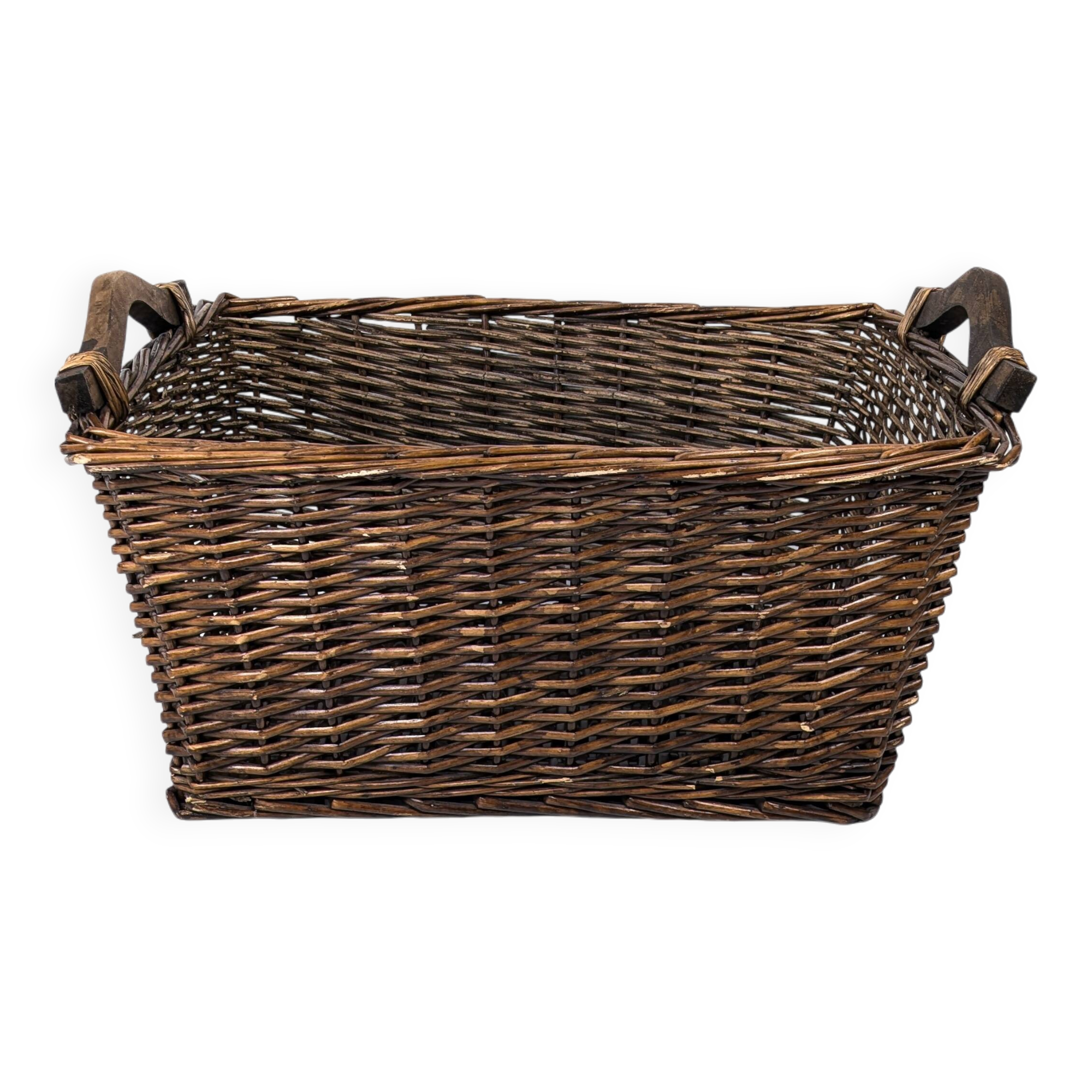 Panier Vintage Anse Rangement Mid Century Panier en osier tressé marron foncé Travail manuel Hygge S