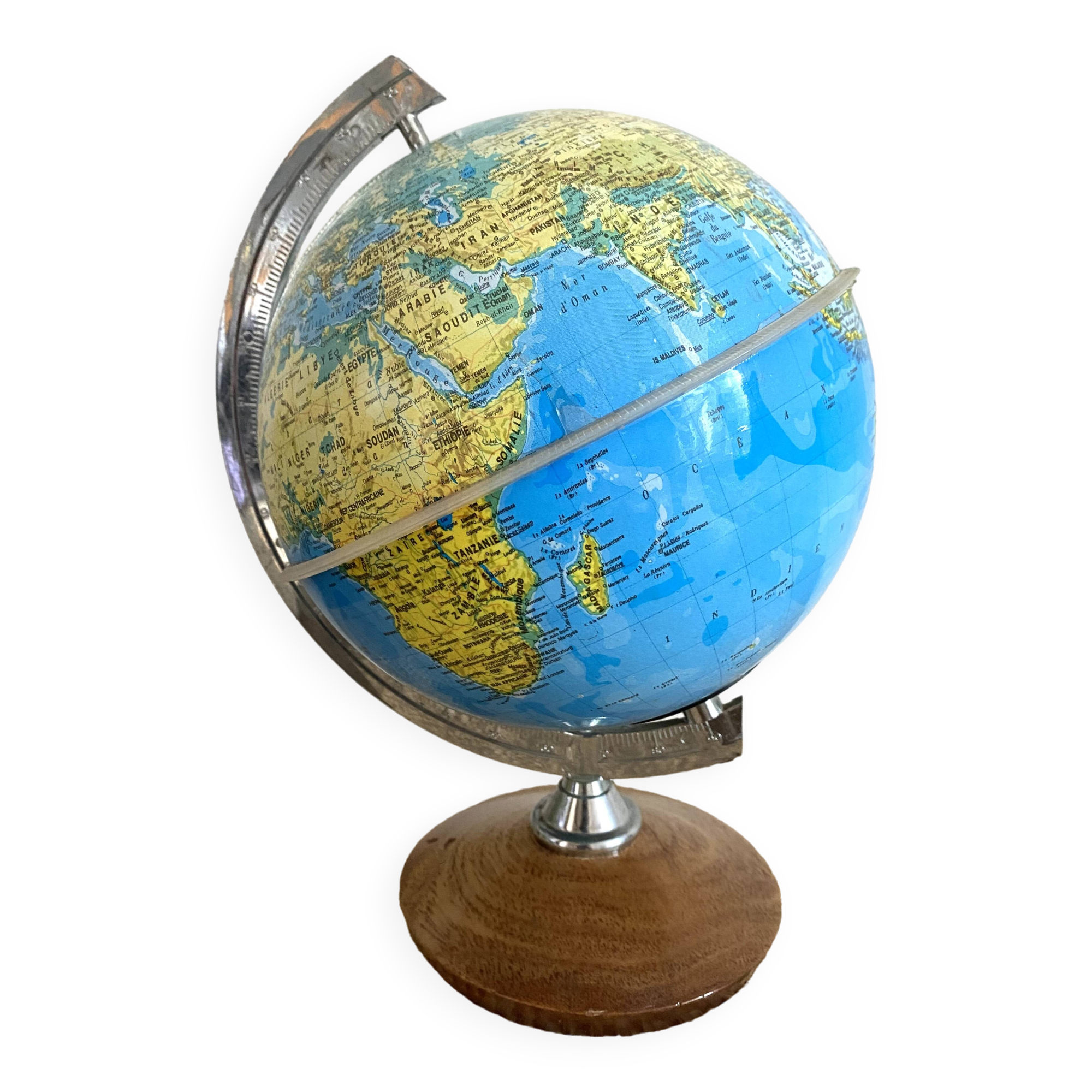 Vintage plastic and wood globe, 70s-80s