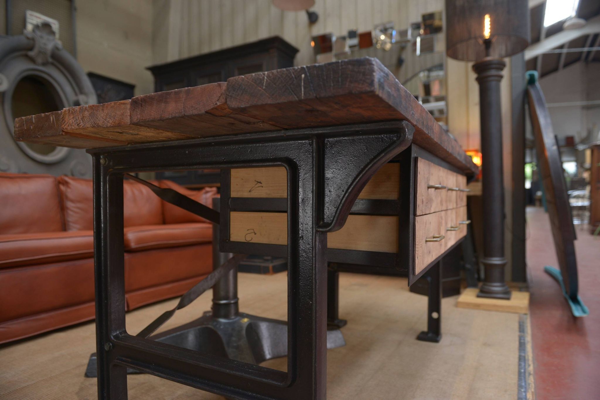 factory workbench in cast iron and wood 1930 with 9 drawers