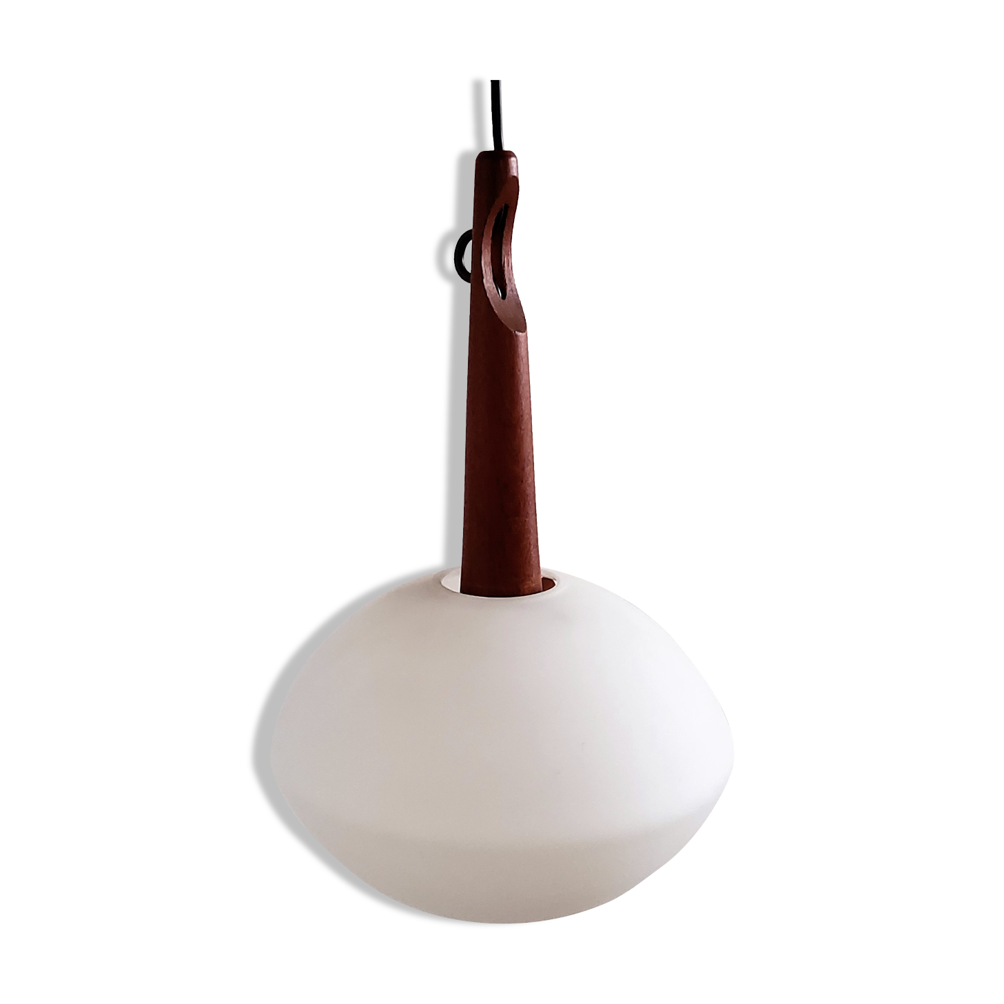 Teak and opaline glass pendant lamp by Uno and Östen Kristiansson for Luxus, Sweden 1950's