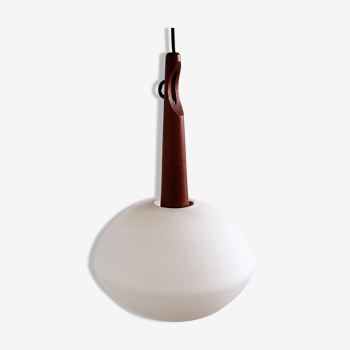 Teak and opaline glass pendant lamp by Uno and Östen Kristiansson for Luxus, Sweden 1950's