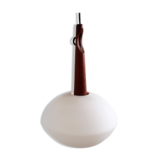 Teak and opaline glass pendant lamp by Uno and Östen Kristiansson for Luxus, Sweden 1950's