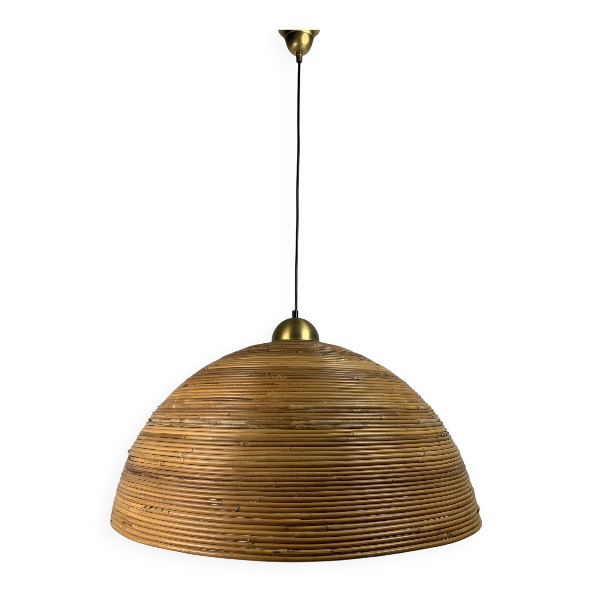 Lampe à suspension XL 71 cm en roseau, rotin, bambou et laiton, Italie