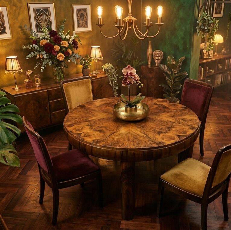 Restored Art Deco Walnut Burl Sunburst Extending Dining Table 1930s