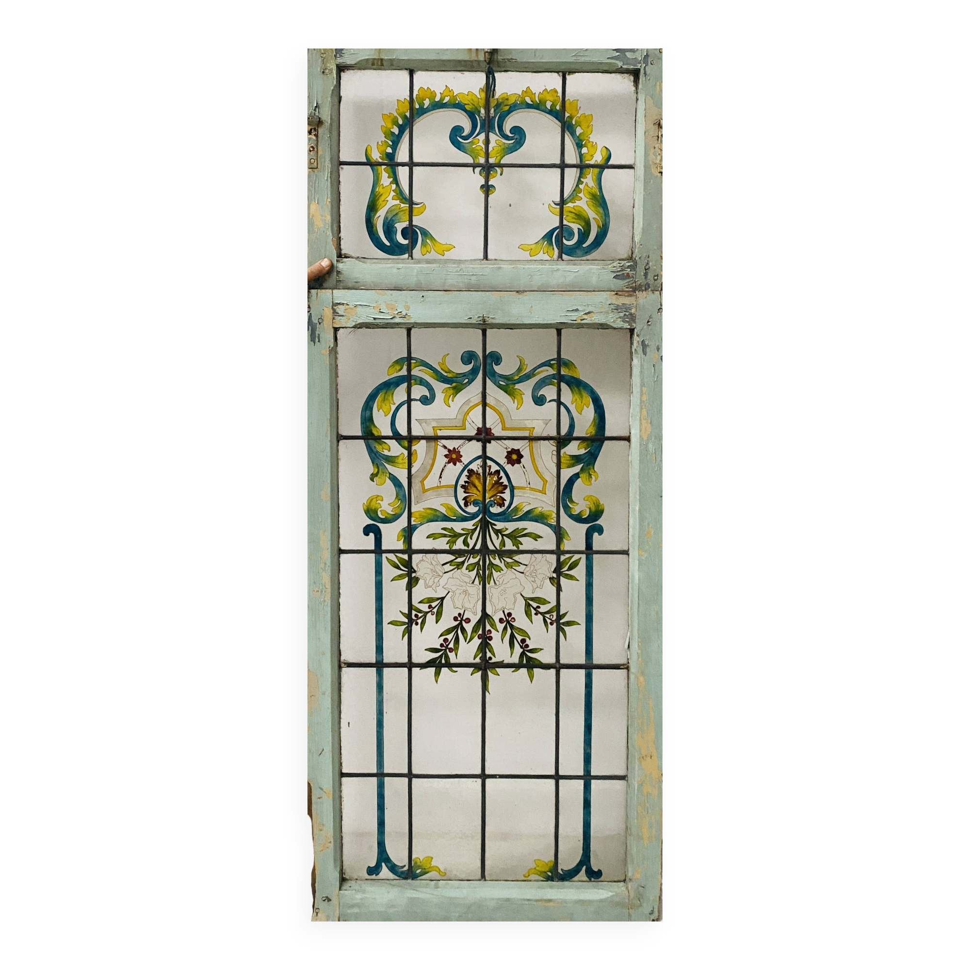 Art Deco window and transom in fir and painted glass, 20th century