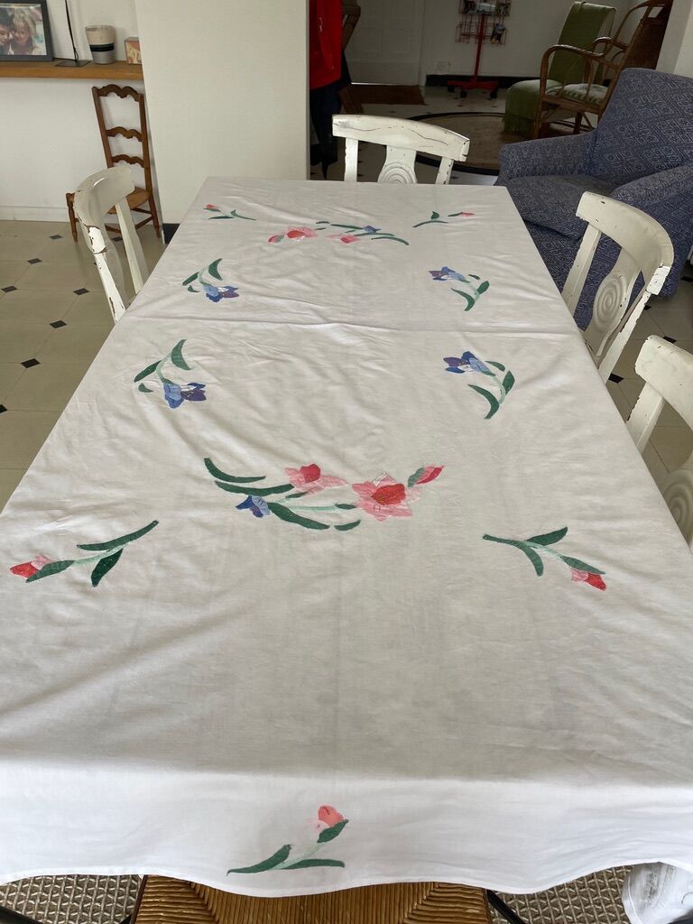 Nappe vintage 80's avec fleurs en appliqué - coton - 150x200 cm