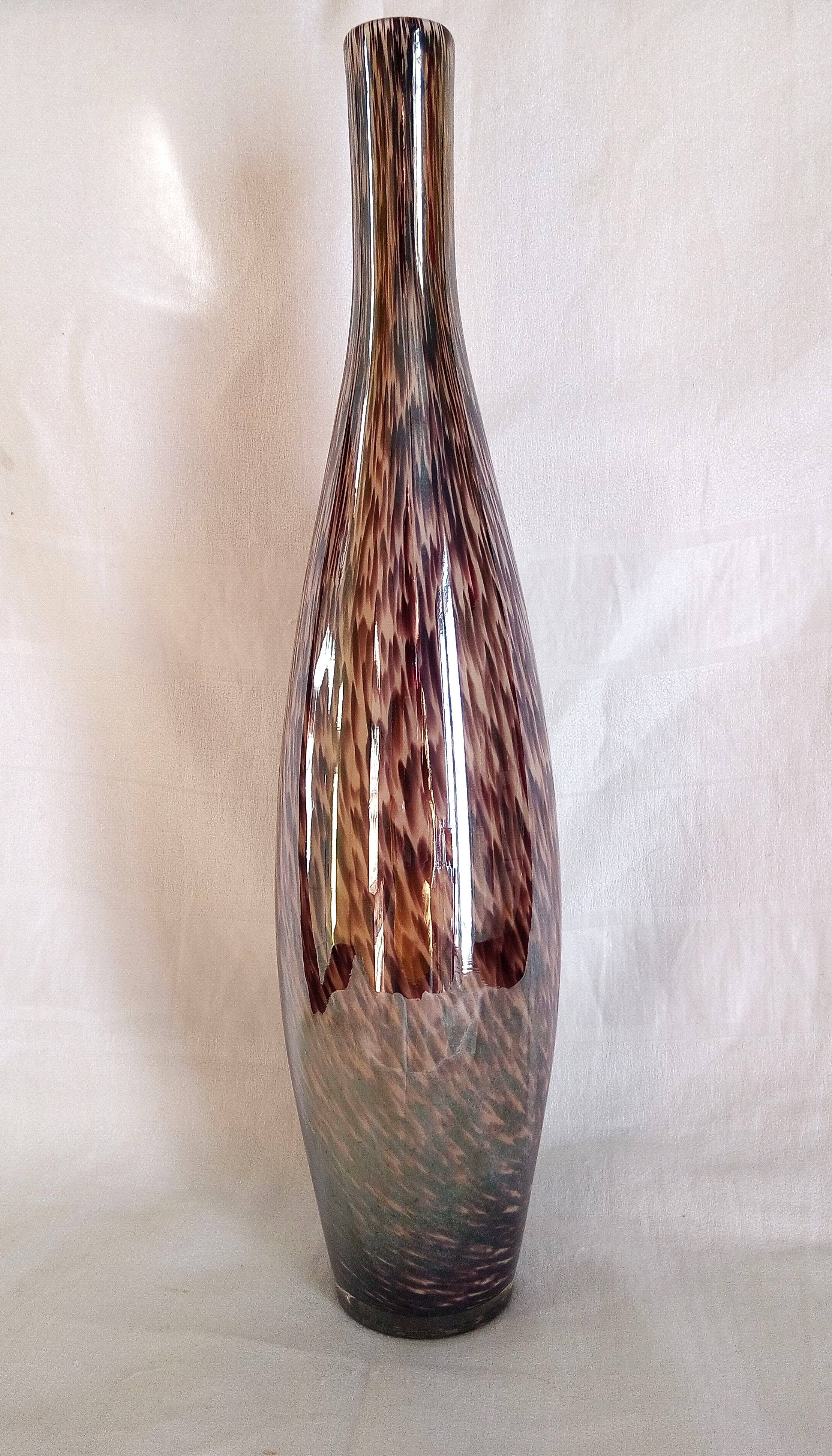 Murano glass bottle vase, brown and beige rain patterns, h - 41 cm.