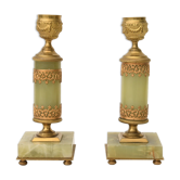 Pair of small candlesticks in golden brass and onyx