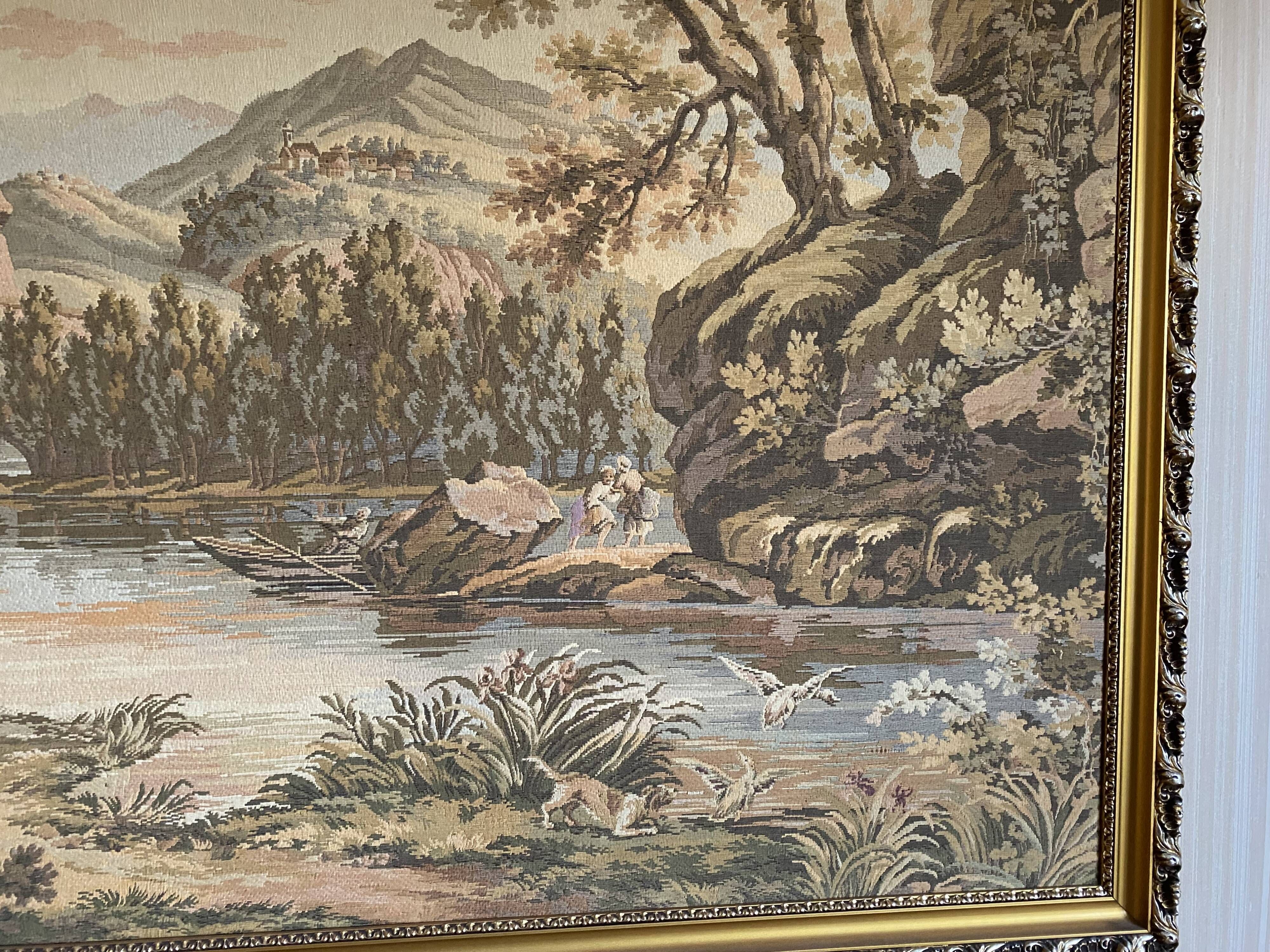 Tapestry wall hanging framed antique scene at the edge of the water