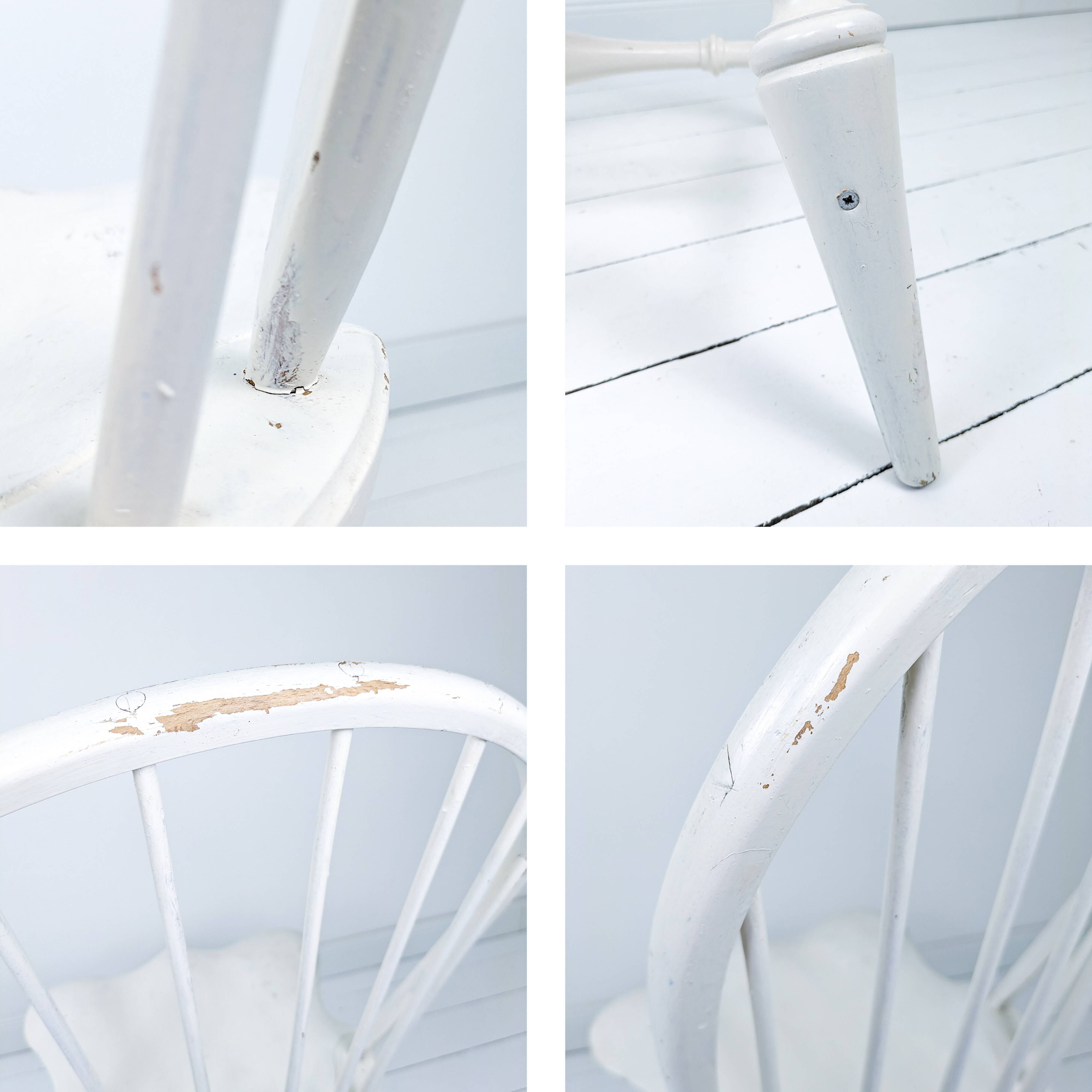 Chaise vintage en bois blanc avec dossier à barreaux, style maison de campagne