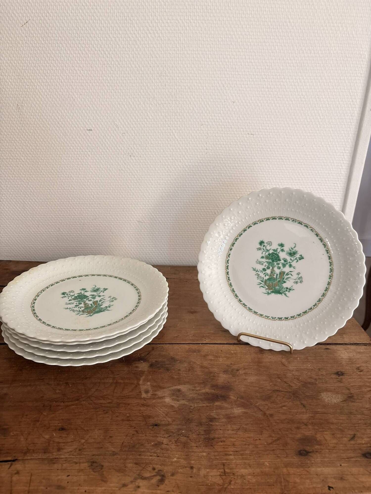 Flat Plates Porcelain Limoges Georges Boyer Nankin Green Pearl Edges