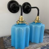 Pair of art deco turquoise blue wall lights