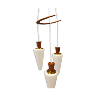 Suspension of 3 pieces, in milky white opal glass, brass and teak wood.