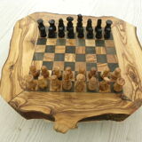 Vintage Handcrafted Carved Olive Wood Chess Games with Natural Edge Drawer