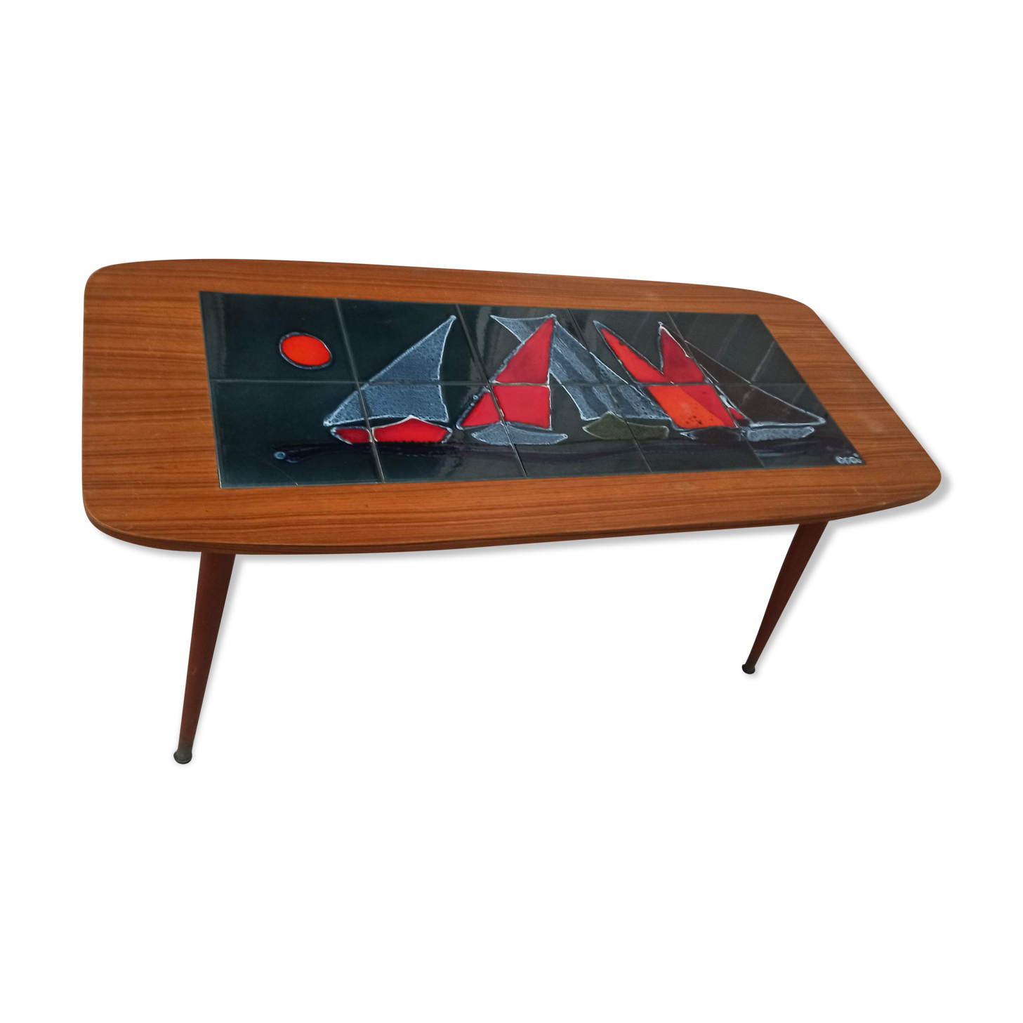 Coffee table year 50 / 60 - tiled tiled Boat decorated Marine feet spindles