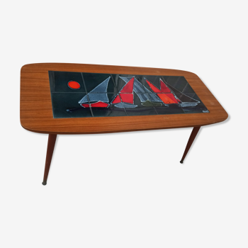 Table basse année 50 / 60 - carrelage carrelée Bateau à décor Marin pieds fuseaux