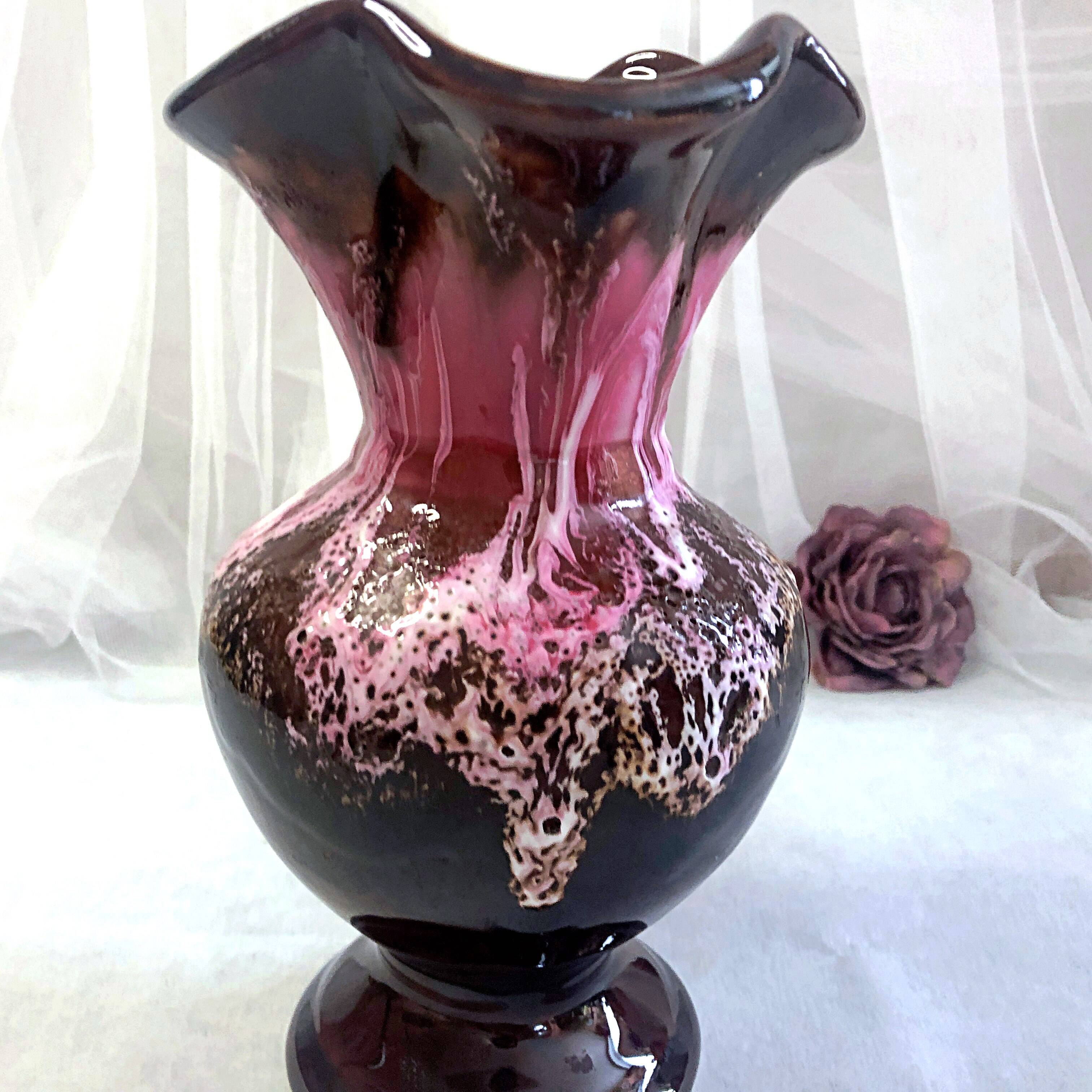 Seafoam tulipwood vase, brown and pink, Vallauris, signed PG