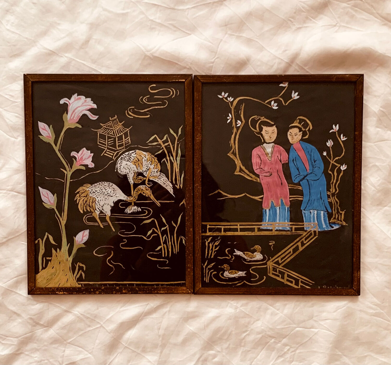 Pair of old China vintage bird painting paintings