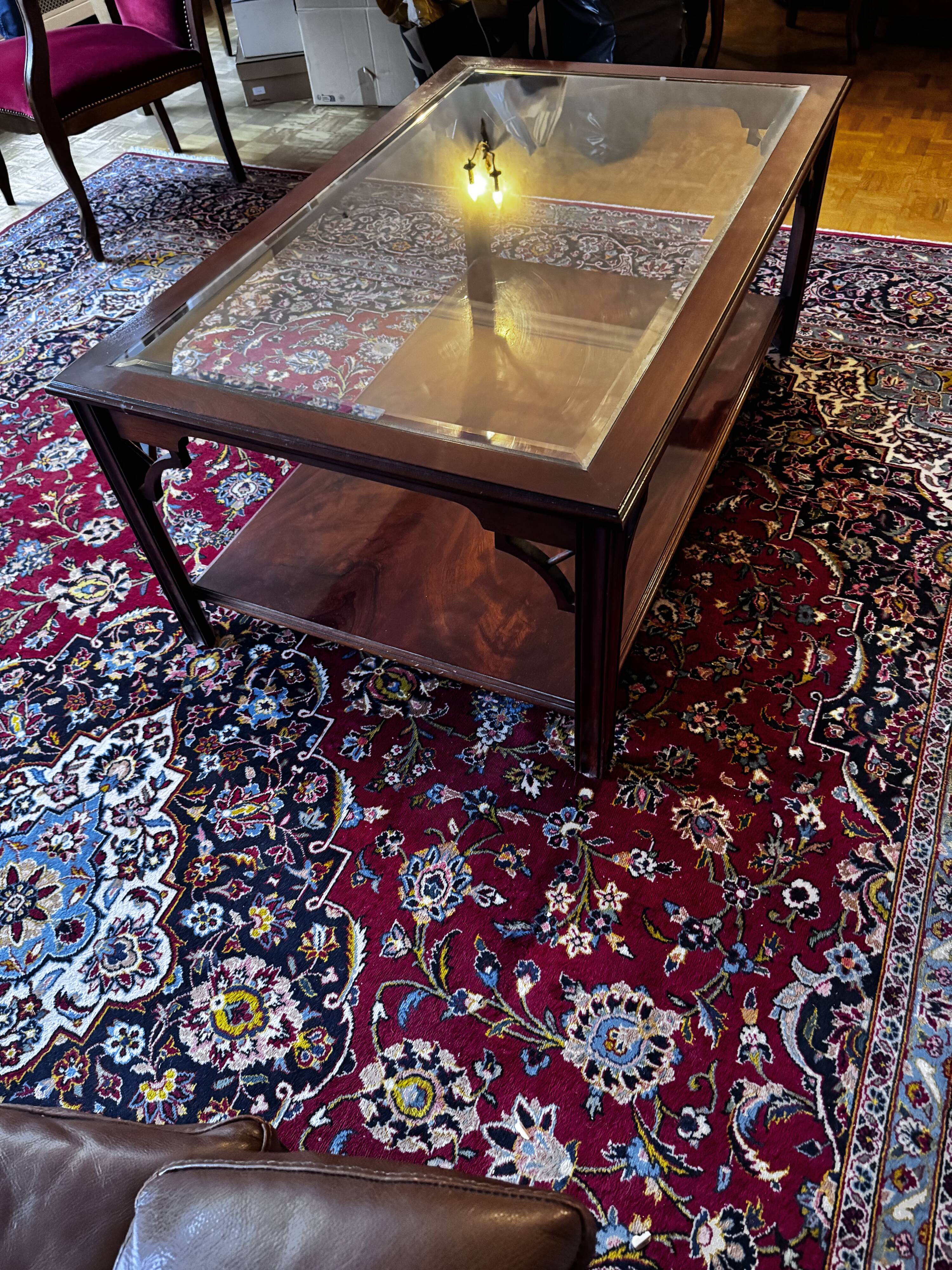 double-tiered coffee table in wood and glass