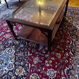 double-tiered coffee table in wood and glass