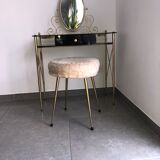 Coiffeuse laiton , verre et plastique noirs avec son tabouret moumoute