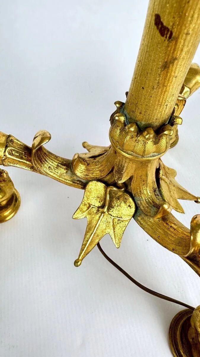 Pair of candelabra with a crane in gilded bronze, bamboo model.