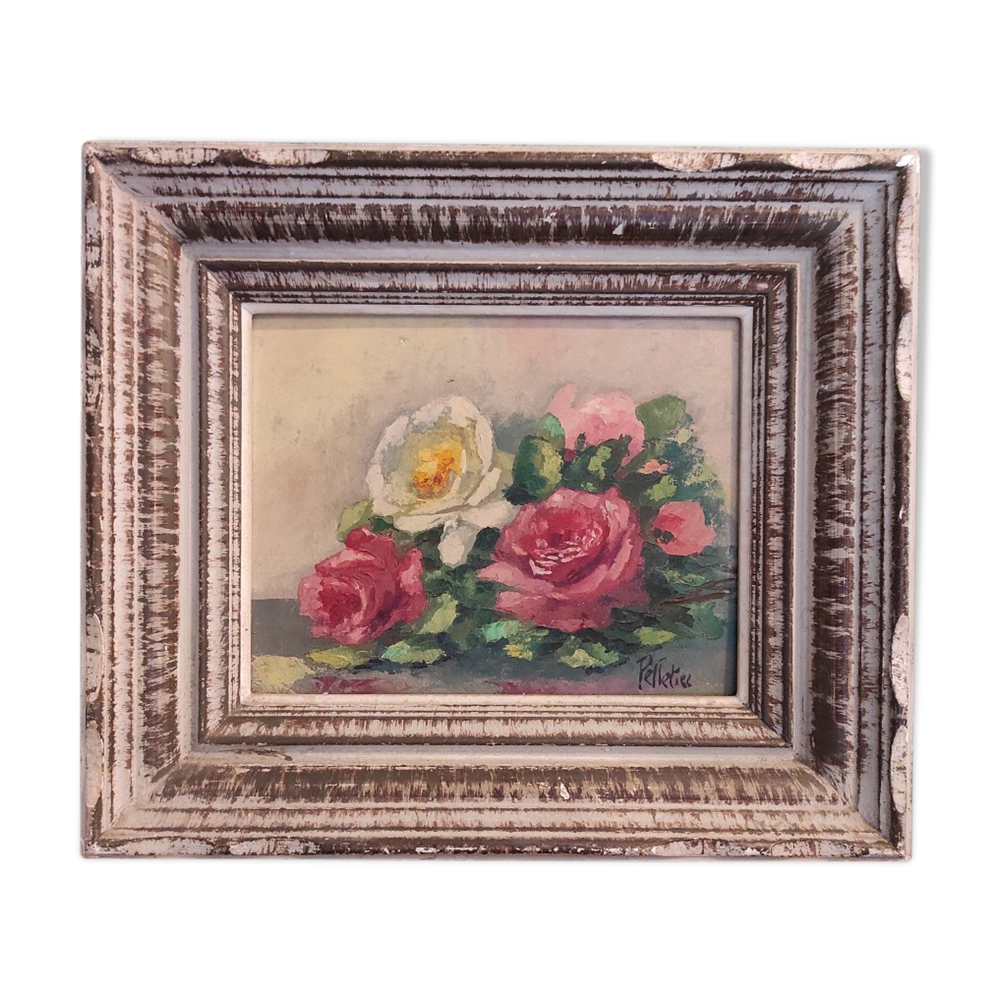 French vintage floral oil painting, signed Pelletier