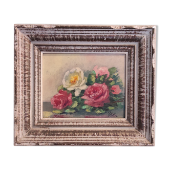 Peinture à l’huile florale vintage français signée Pelletier