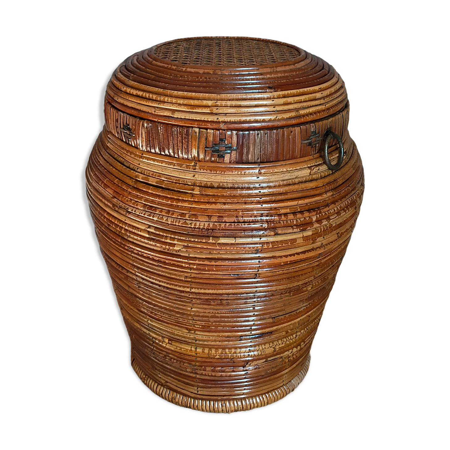 Basket with wooden lid and rattan early XXth