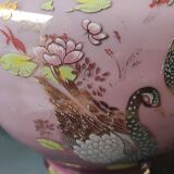 Japanese opaline vase in old pink tones. Swan decoration and polychrome floral motifs.