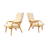 Paire de fauteuils bois et tissu Antonin Suman pour Ton Thonet, Tchecoslovaquie