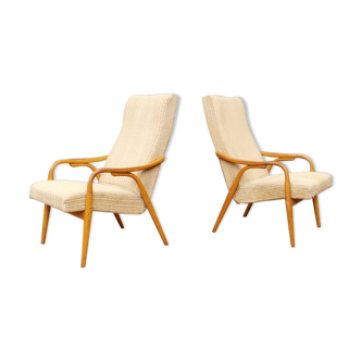 Pair of wooden and fabric armchairs Antonin Suman for Ton Thonet Czechoslovakia