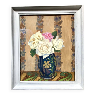 Tableau Art Déco, vases aux roses vers 1920