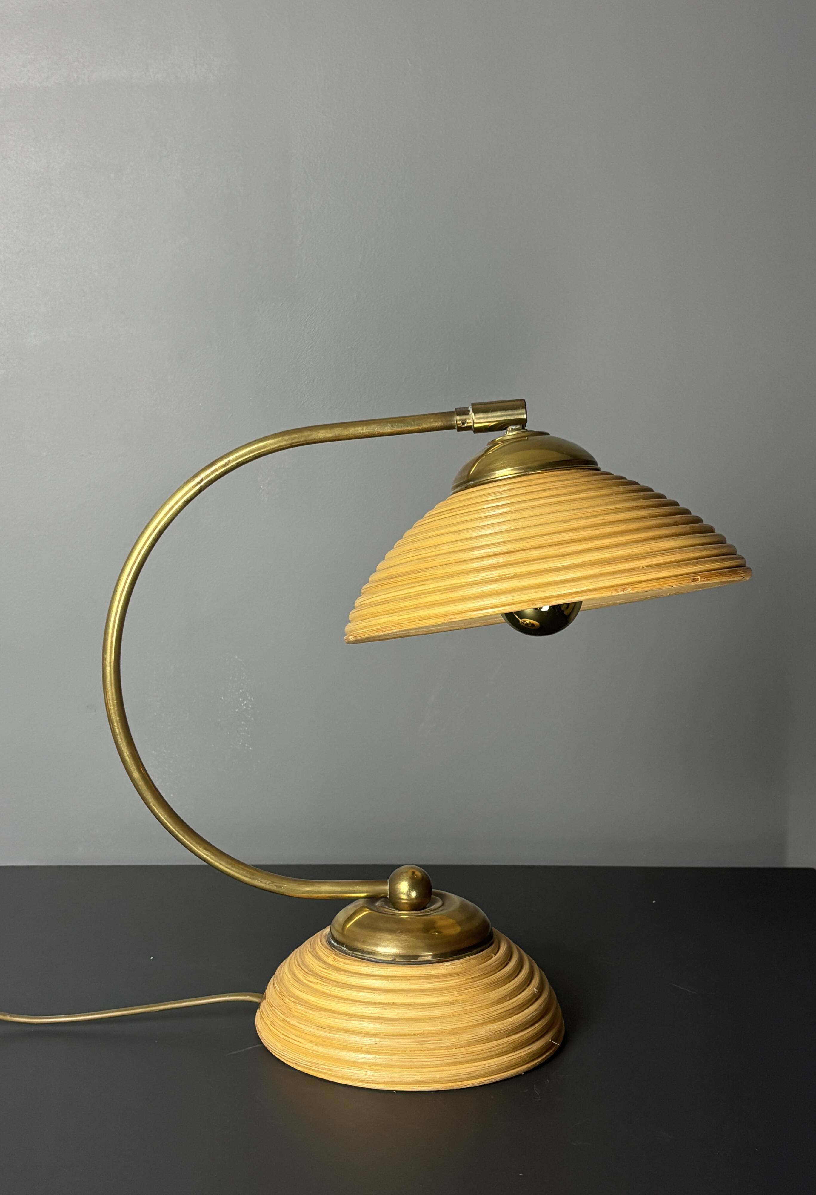 Midcentury pencil reed rattan bamboo and brass table lamp, Italy, 1970s
