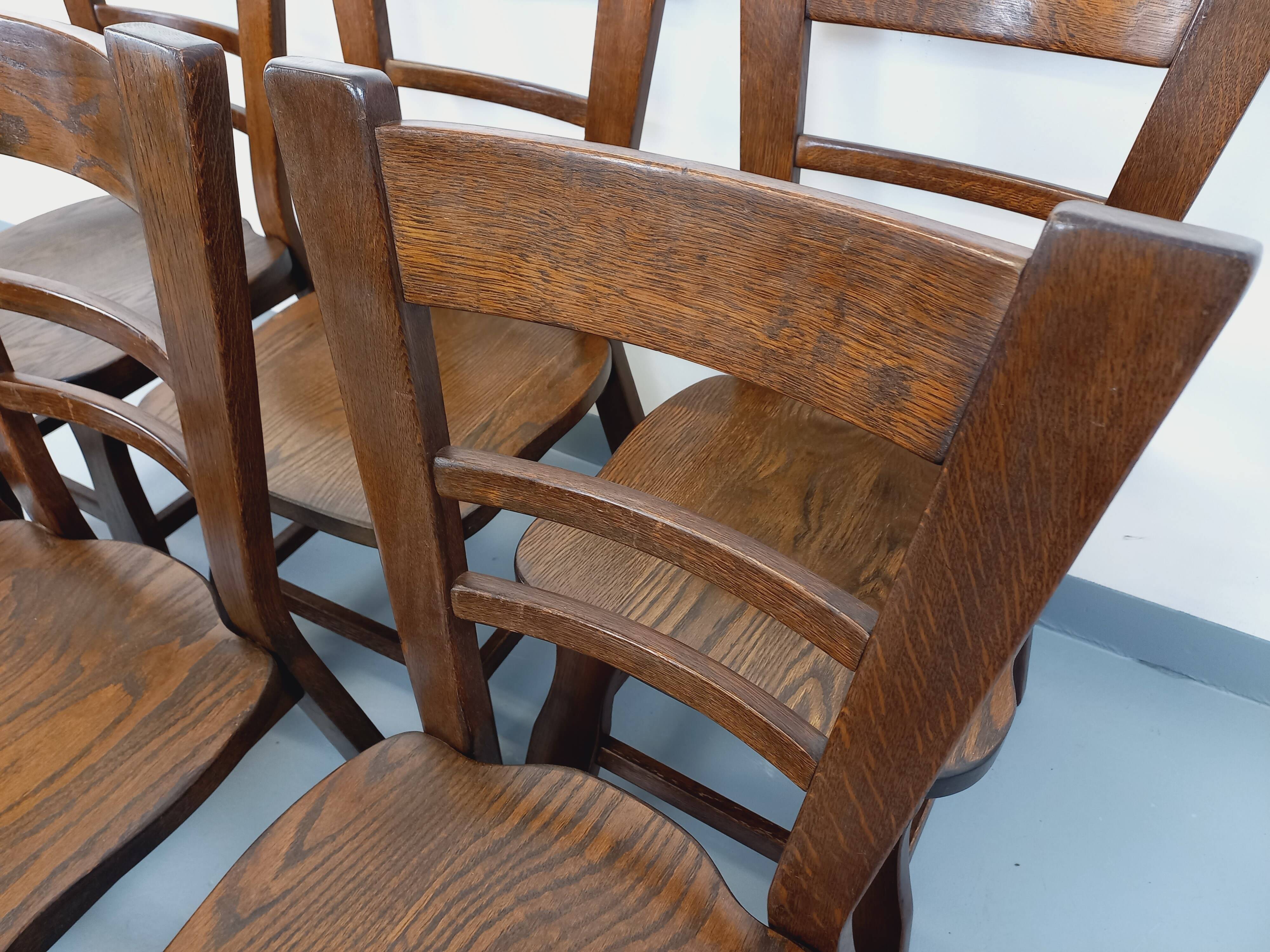 Set of 6 vintage brutalist oak chairs from the 1950s.